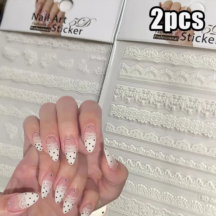 2pcs Y2K White Lace 5D Nail Art Stickers White Embossed Flowers Petals Elegant French Decals Wedding Nails Manicure Decorations