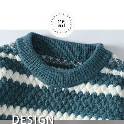 Winter Men's Loose Pullover Male Slim Fit Fashion Knitted Sweater Man Thick Warm Pull Homme Retro Stripe Sweaters