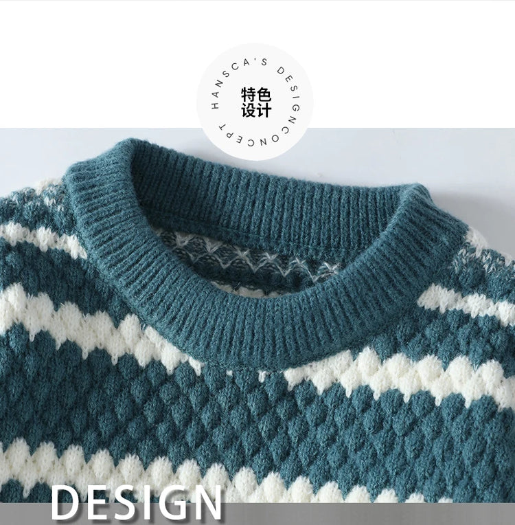 Winter Men's Loose Pullover Male Slim Fit Fashion Knitted Sweater Man Thick Warm Pull Homme Retro Stripe Sweaters