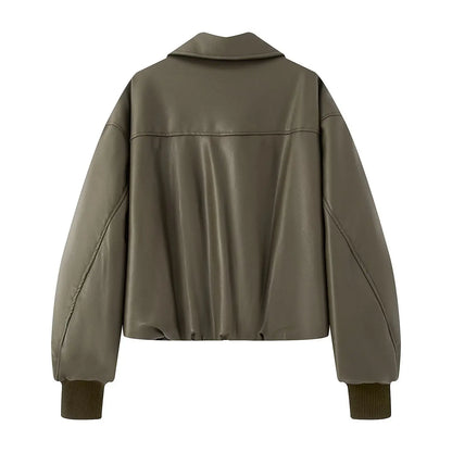 Women Green Leather Cropped Jacket Coat Vintage Streetwear Motorcycle Mustang Jacket 2000s Vintage Warm Thicke Outerwear Autumn