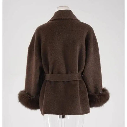 UCXQ Elegant OL Office Lady Overcoats Fur Patchwork Long Sleeve Woolen Coat Beautiful Women's Clothing Jacket Autumn 2025 Winter