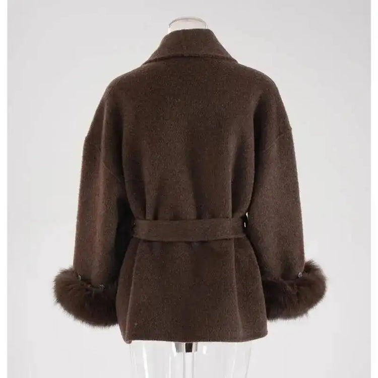UCXQ Elegant OL Office Lady Overcoats Fur Patchwork Long Sleeve Woolen Coat Beautiful Women's Clothing Jacket Autumn 2025 Winter