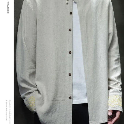 Camicie da Uomo di Alta Qualità con Ricami in Stile Cinese, Colletto Rialzato Retrò, in Lino Comodo e Traspirante, Camicie Casual da Uomo