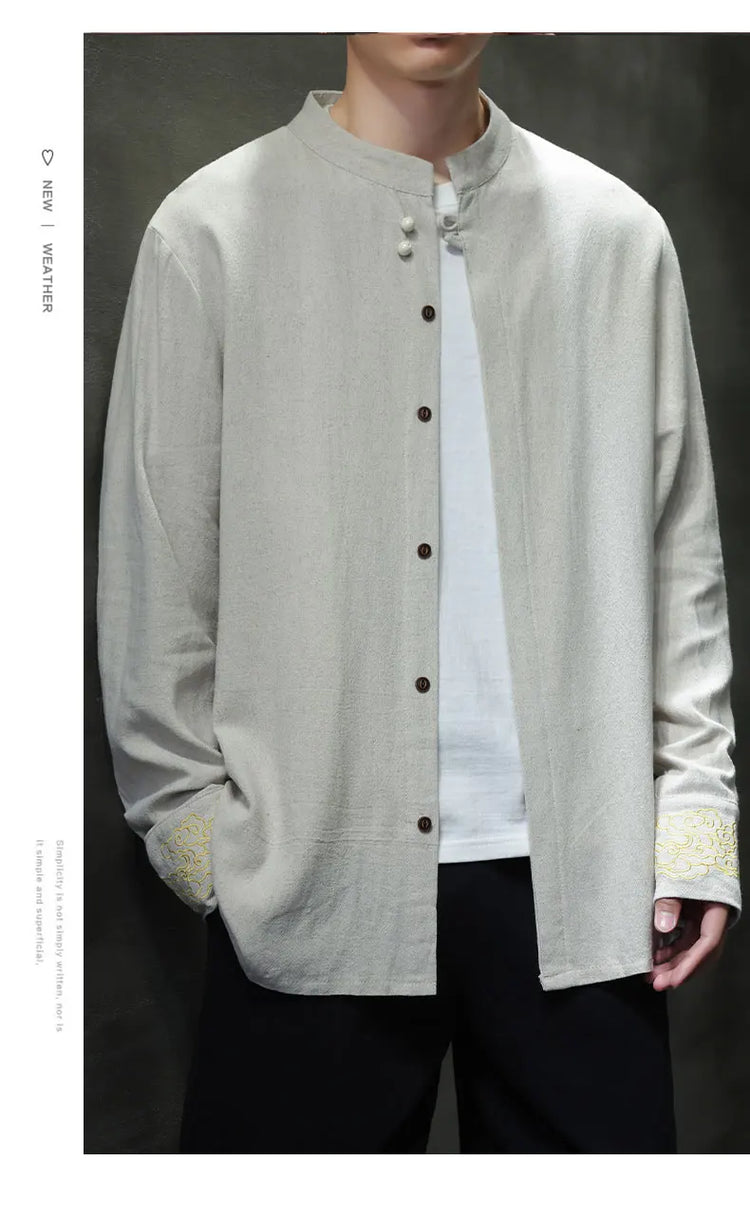 Camicie da Uomo di Alta Qualità con Ricami in Stile Cinese, Colletto Rialzato Retrò, in Lino Comodo e Traspirante, Camicie Casual da Uomo