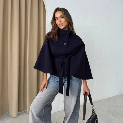Faux Fur Cloak Jackets Women Loose Standneck Three Button Wide Sleeves Belt Coats Female 2026 Autumn Solid Chic Fashion Outwears