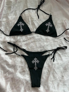 Bikini Y2K Sexy con Strass a Croce, Bikini Kawaii, Bikini Gotico, Costume da Bagno Goth, Abbigliamento da Spiaggia Estivo, Set Reggiseno e Slip