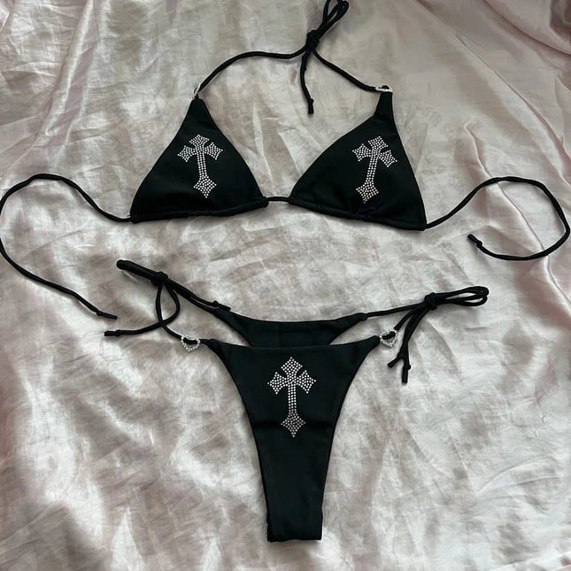 Bikini Y2K Sexy con Strass a Croce, Bikini Kawaii, Bikini Gotico, Costume da Bagno Goth, Abbigliamento da Spiaggia Estivo, Set Reggiseno e Slip platinumshop