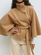 Autumn And Winter New Fashion Solid Color Cloak Stand-up Collar Button Belt Windbreaker Jacket Women's Temperament Commuting Top