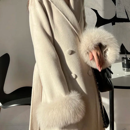 Autumn Winter Korean High-end Real Fox Fur Sleeves Women Black Slim Fit Waist Cinched Double-sided Wool Coat Long Woolen Coat