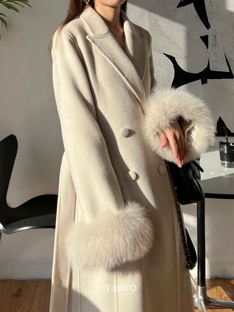Autumn Winter Korean High-end Real Fox Fur Sleeves Women Black Slim Fit Waist Cinched Double-sided Wool Coat Long Woolen Coat