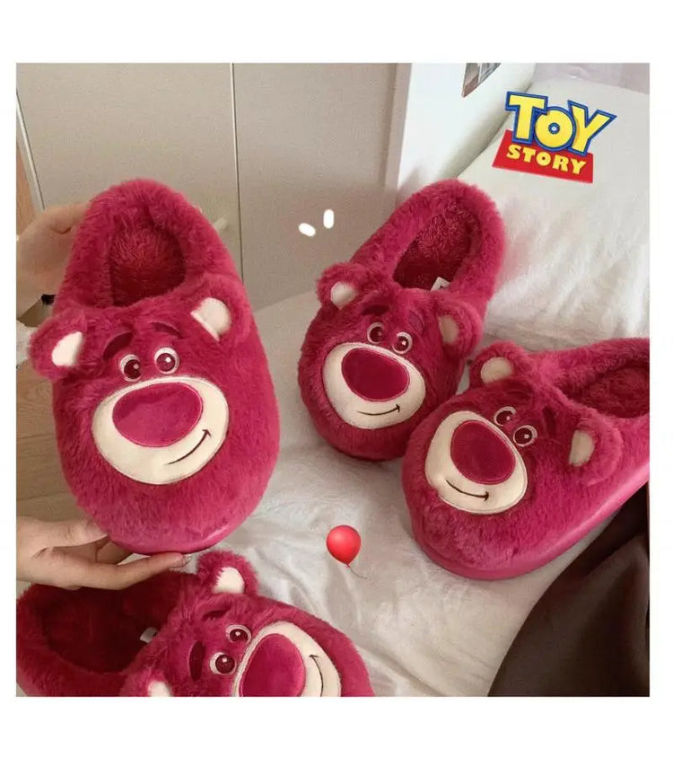 Fashion Strawberry Bear Girl Plush Cotton Slippers for Winter Warmth Indoor with Soft Plush Leisure Cotton Slippers Gifts
