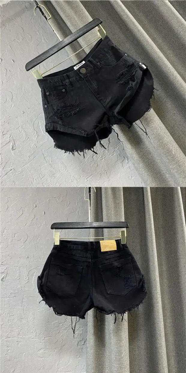 Shorts in denim da donna a vita alta, strappati, con orlo grezzo e sfilacciato, casual, hot pants