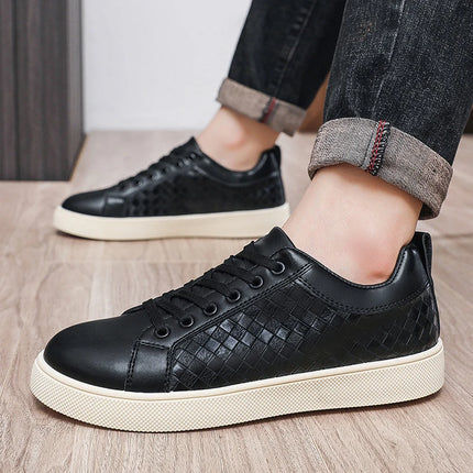 Men Low Top Leather Casual Shoes Lace-up Fashion Sneakers Black Embossed Plaid Upper Non Slip Flat Daily Wear Board Footwear