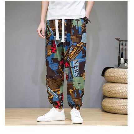 Pantaloni Primavera-Estate da Uomo in Stile Cinese, Sottili e Traspiranti in Cotone e Lino, con Vita Elastica, Pantaloni Harem Stampati Casual e Comodi