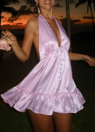 Robe femme en satin de soie avec décolleté dos nu et laçage, dos ouvert, avec ourlet à