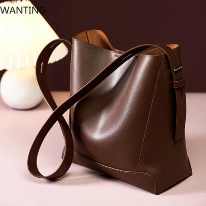 100% Genuine Leather Women Shoulder Bag Large Capacity Cowhide Bucket Bags Fashion Casual Female Crossobdy Bag 2391