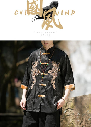 Camicia con ricamo drago dorato da uomo in seta di ghiaccio di alta qualità casual allentato a maniche corte top cardigan tradizionale kung fu retrò da uomo