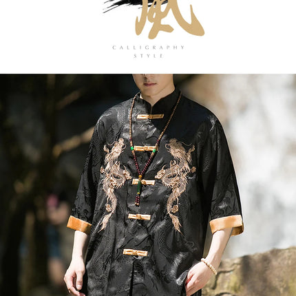 Camicia con ricamo drago dorato da uomo in seta di ghiaccio di alta qualità casual allentato a maniche corte top cardigan tradizionale kung fu retrò da uomo