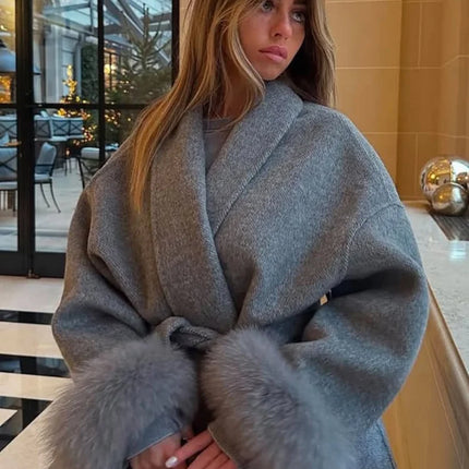 Elegant Lace Up Woolen Short Coat Solid Loose Lapel Furry Long Sleeve Belt Waist Jacket 2026 Spring Autumn Lady Chic Cardigan