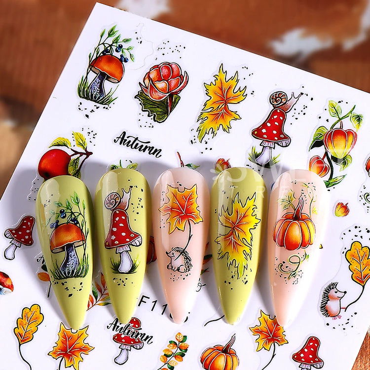 10pcs/set 3D Autumn Pumpkin Nail Stickers Maple Leaf Flower Self-Adhesive Nail Decal Slider Thanksgiving DIY Manicure Decoration