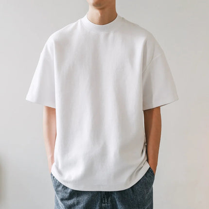 Small Neck T-shirts Men 350gsm Cotton Solid Color Male Short-sleeved T-shirt Spring Summer Loose Bottoming Shirt Casual T Shirts PlatiNum