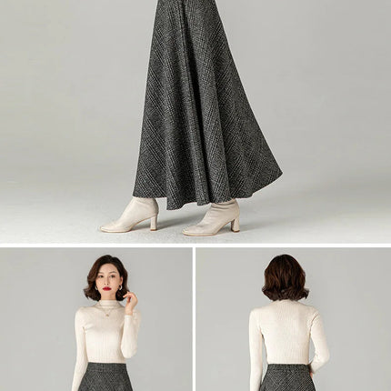 New Women Woolen Plaid Skirt Autumn Winter Fashion Elastic High Waist A-Line Wool Blended Long Skirt Simplicity Vintage Skirt PlatiNum