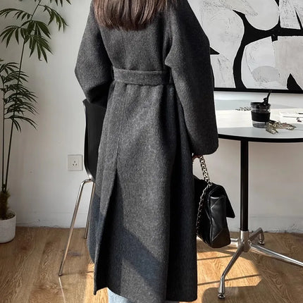 Korean Fashion Dark Gray Stand Collar 100%Wool Coat Women Long Winter Jacket