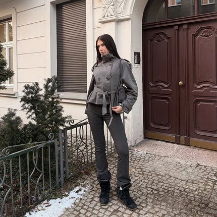 2026 Spring Women's Solid Lace Up Trench Coat Stand Collar Double Breasted Jacket Stylish New Lady Long Sleeve Outerwear Street
