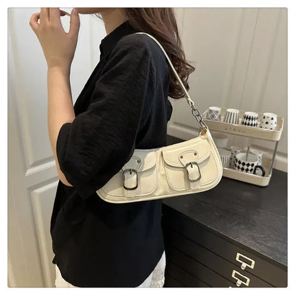 Fashion Pu Leather Women's Shoulder Bag Small Double Pocket Design Ladies Underarm Bags Y2k Vintage Female Handbags Clutch Purse PlatiNum
