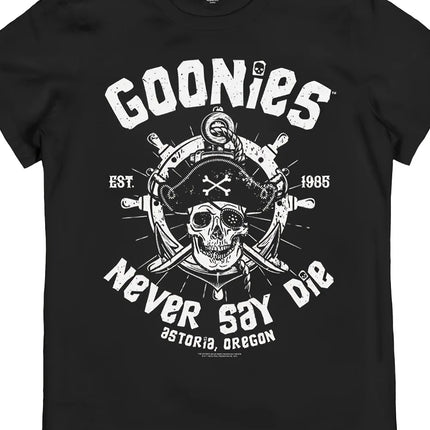 Men's Goonies Never Say Die Retro T-Shirt Official Inspired 80s Movie Logo Iconic Skull Crossbones Pirate Design