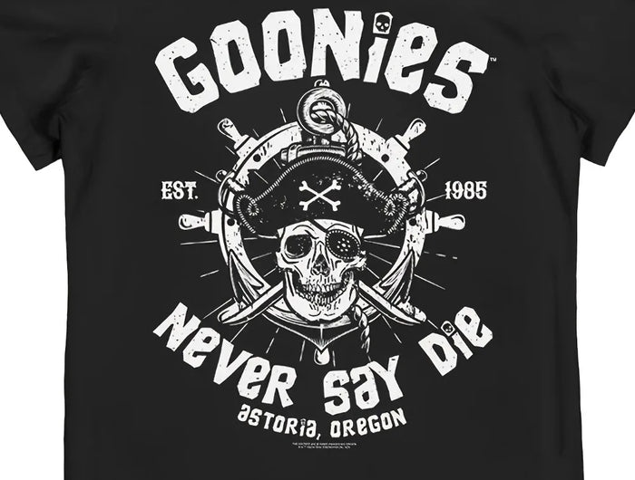 Men's Goonies Never Say Die Retro T-Shirt Official Inspired 80s Movie Logo Iconic Skull Crossbones Pirate Design