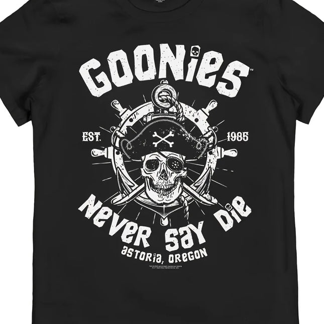 T-shirt rétro homme Goonies Never Say Die Inspirée officielle Logo de film années 80 Crâne emblématique Os croisés Design pirate