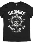 T-shirt retrò Goonies Never Say Die da uomo Ispirata ufficiale Logo del film anni '80 Teschio iconico Ossa incrociate Design pirata