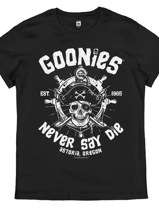 T-shirt retrò Goonies Never Say Die da uomo Ispirata ufficiale Logo del film anni '80 Teschio iconico Ossa incrociate Design pirata