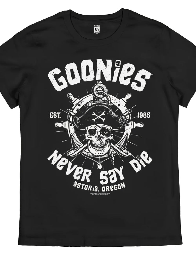 T-shirt retrò Goonies Never Say Die da uomo Ispirata ufficiale Logo del film anni '80 Teschio iconico Ossa incrociate Design pirata