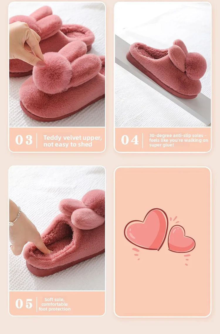 Thick Sole Winter Plush Slippers Cozy Faux Rabbit Fur Indoor House Shoes for Women & Men Couple Matching Slides with Closed Back