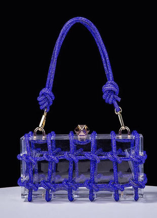 Classic 2025 Acrylic Box Bag with Woven Diamond Rope Handheld Evening Women's Bag Transparent Dinner Handbag European Style PlatiNum