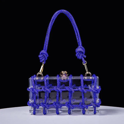 Classic 2025 Acrylic Box Bag with Woven Diamond Rope Handheld Evening Women's Bag Transparent Dinner Handbag European Style PlatiNum