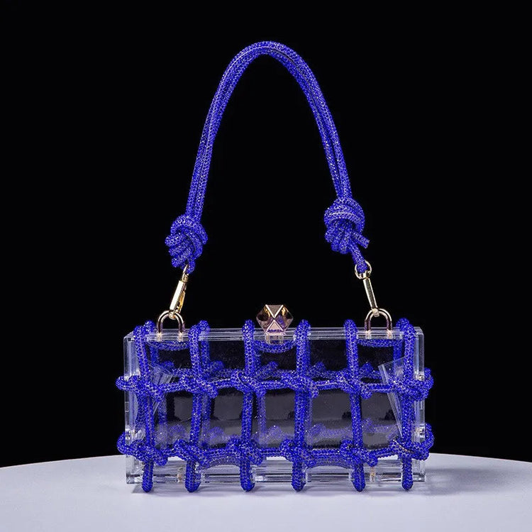 Classic 2025 Acrylic Box Bag with Woven Diamond Rope Handheld Evening Women's Bag Transparent Dinner Handbag European Style PlatiNum