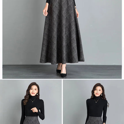 New Women Thick Woolen Skirt Autumn Winter Fashion Elastic High Waist A-Line Long Plaid Skirt Elegant Easy Match Wool Skirt PlatiNum