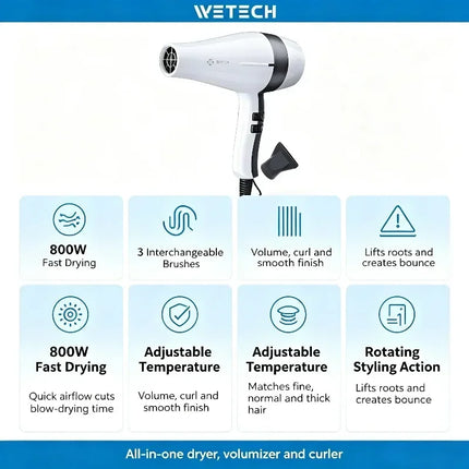 WETECH 2000W Professional Negative Ionic Hair Dryer Adjustable Temperature Speed Blow Dryer With Concentrator Nozzle Home Salon Hair Styling Tool 100-240V Dual Voltage