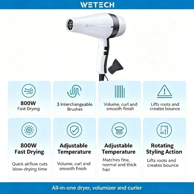 WETECH 2000W Professional Negative Ionic Hair Dryer Adjustable Temperature Speed Blow Dryer With Concentrator Nozzle Home Salon Hair Styling Tool 100-240V Dual Voltage