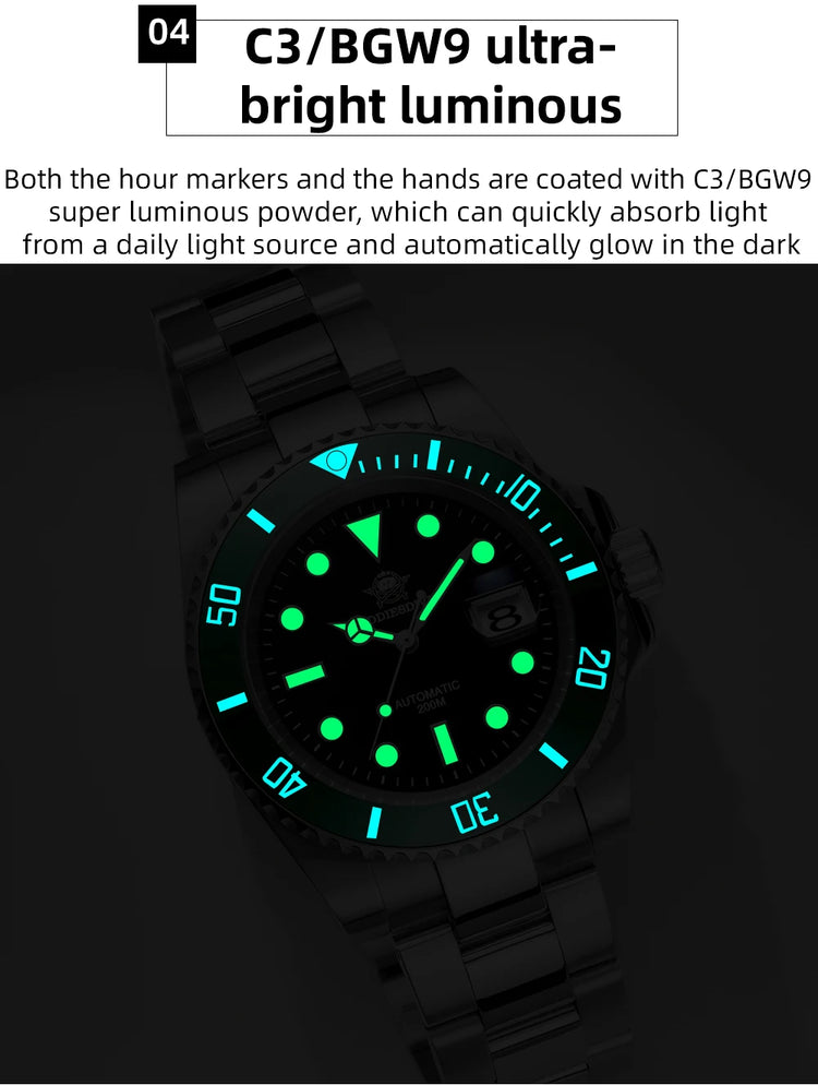 ADDIESDIVE AD2503 Luxury Men's Automatic Watch 8215 Mechanical Watch BGW9 Luminous Sapphire Glass Diver's Watch Men Analog Watch
