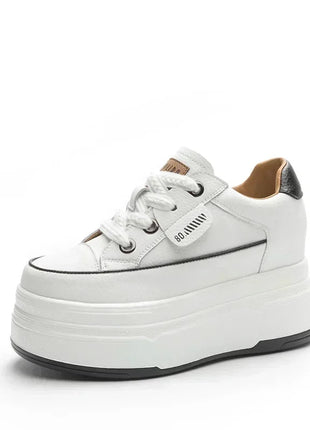 Fujin 9cm 3 inch comfortable platform sneakers for women Genuine Leather Women Vulcanized Shoes Platform High Heels Casual Shoes PlatiNum