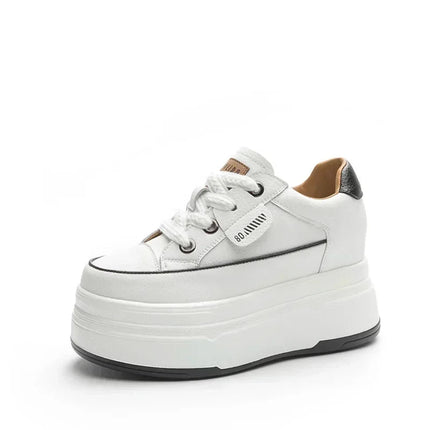 Fujin 9cm 3 inch comfortable platform sneakers for women Genuine Leather Women Vulcanized Shoes Platform High Heels Casual Shoes PlatiNum