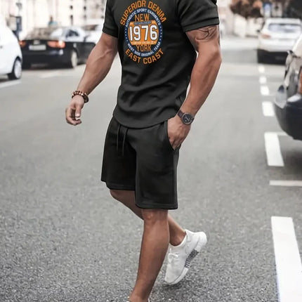 New Men's Two-Piece Suit Fashion Scottish Print Summer O-neck Short Sleeve Polo + Shorts Men's Two-Piece Set