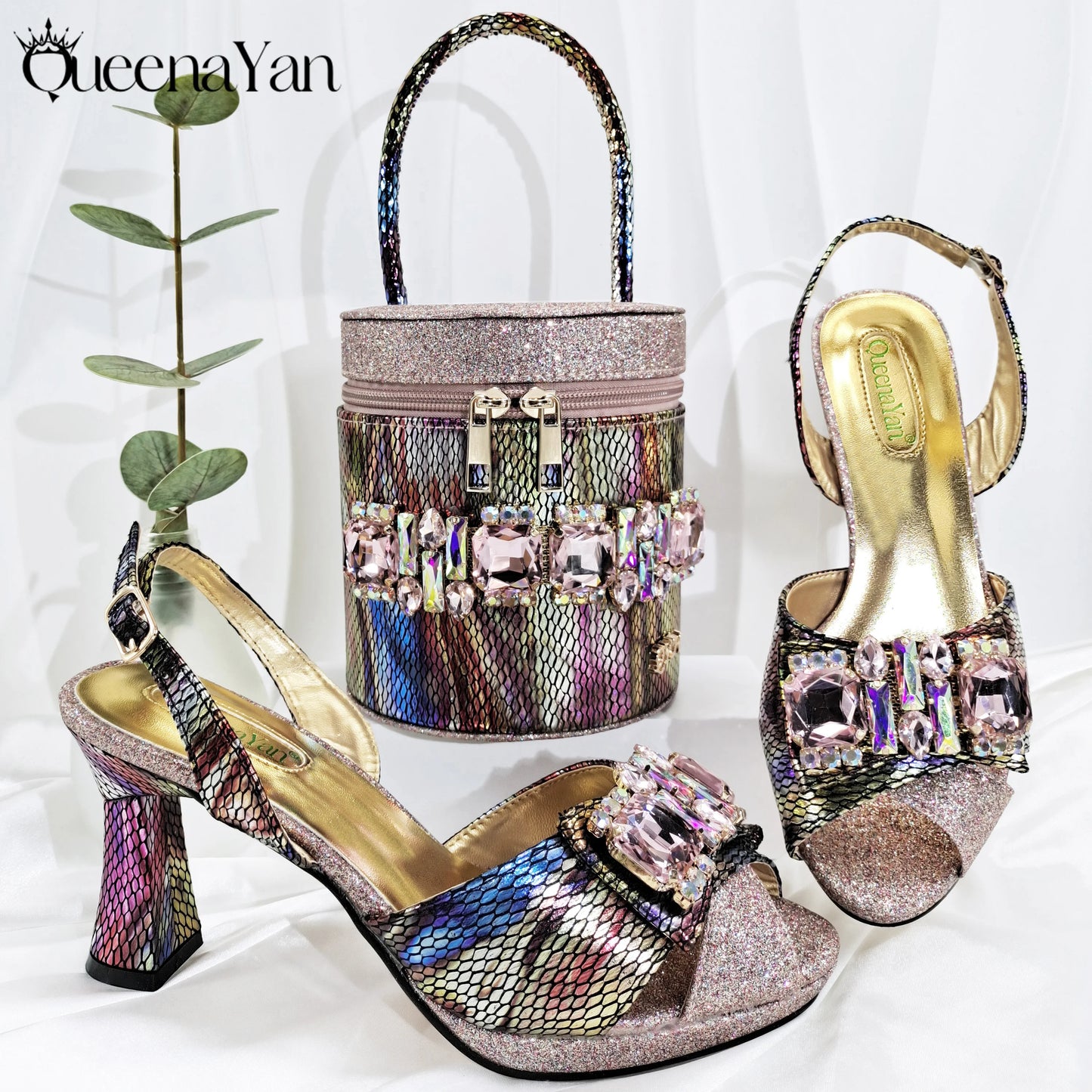 Queena Yan Nigerian-Inspired Rhinestone High Heels With Colourful Bucket Bag Fashionable Womens Footwear And Accessories Set