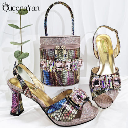 Queena Yan Nigerian-Inspired Rhinestone High Heels With Colourful Bucket Bag Fashionable Womens Footwear And Accessories Set