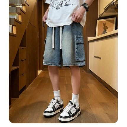 Pantaloncini di jeans cargo da uomo estivi Baggy dritti Moda Casual Pantaloni corti a gamba larga Tasca grande Jeans corti per vacanze al mare Uomo