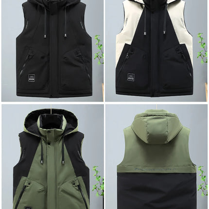 Autumn Winter Thick Vest Men Plus Size 8XL Cargo Vests Patchwork Sleeveless Jacket Fashion Casual Hooded Vest Male